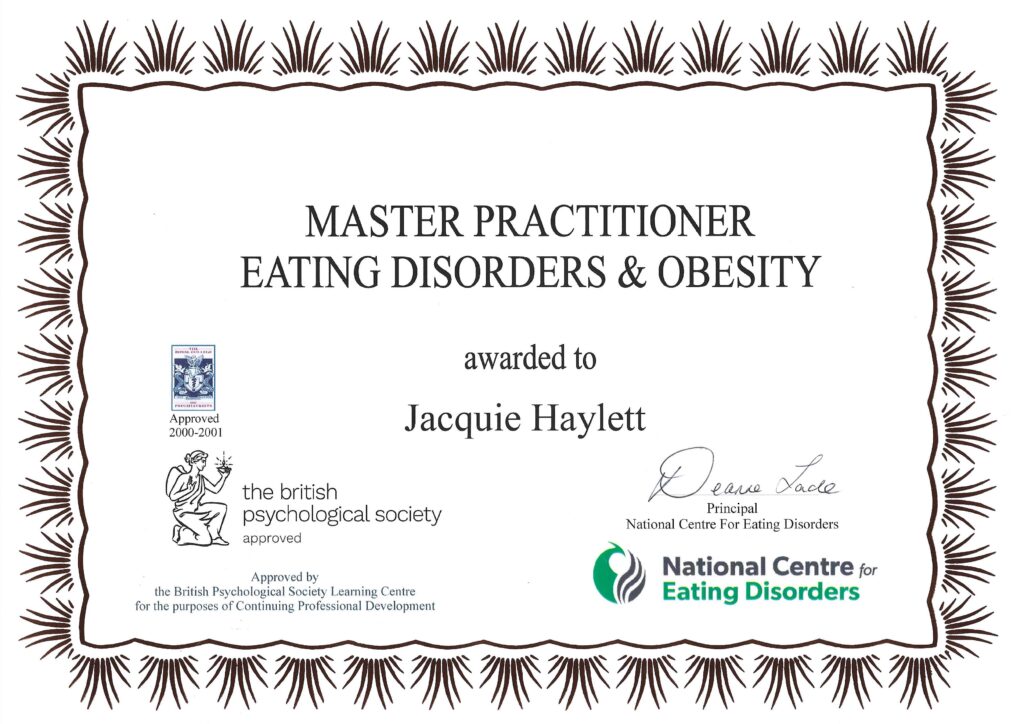 Jacquie Haylett is a qualified Master Practitioner in Eating Disorders and Obesity